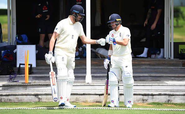 WHANGAREI, NEW ZEALAND - NOVEMBER 12: England opening batsmen Dom Sibley and Rory Burns walk out to bat ahead of the tour match between New Zealand XI and England at Cobham Oval on November 12, 2019 in Whangarei, New Zealand. (Photo by Gareth Copley/Getty Images)