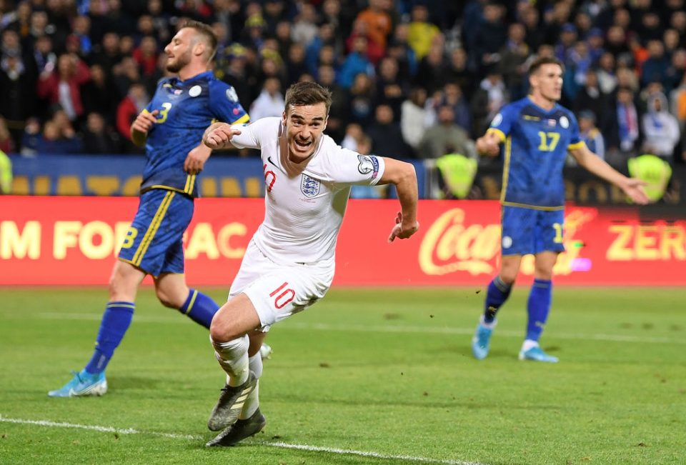 PRISTINA, KOSOVO - NOVEMBER 17:  Harry Winks of England celebrates after scoring his team's first goal during the UEFA Euro 2020 Qualifier between Kosovo and England at the Pristina City Stadium on November 17, 2019 in Pristina, Kosovo. (Photo by Michael Regan/Getty Images)