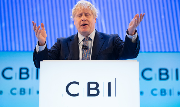 LONDON, ENGLAND - NOVEMBER 18: Prime Minister Boris Johnson makes his keynote address at the annual CBI conference on November 18, 2019 in London, England. With 24 days to go until the general election, each of the leaders of the three main parties addressed the conference, in a bid to garner the support of the business sector. (Photo by Leon Neal/Getty Images)