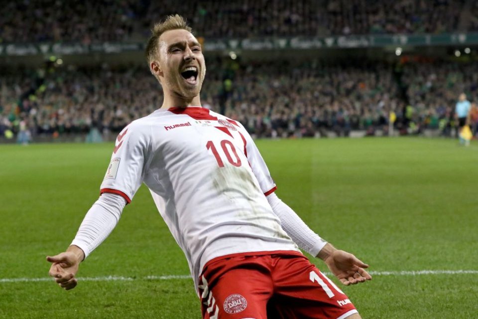 Denmark's midfielder Christian Eriksen celebrates after scoring their third goal during the FIFA World Cup 2018 qualifying football match, second leg, between Republic of Ireland and Denmark at Aviva Stadium in Dublin on November 14, 2017. / AFP PHOTO / Paul FAITH        (Photo credit should read PAUL FAITH/AFP via Getty Images)