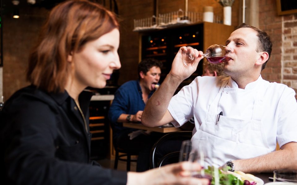 James Lowe enjoys a glass of wine with Alice Levine