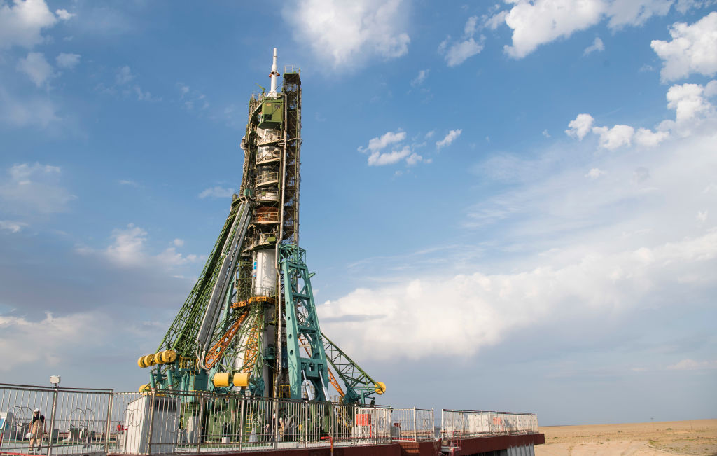 A Soyuz rocket on the launchpad in July 2019
