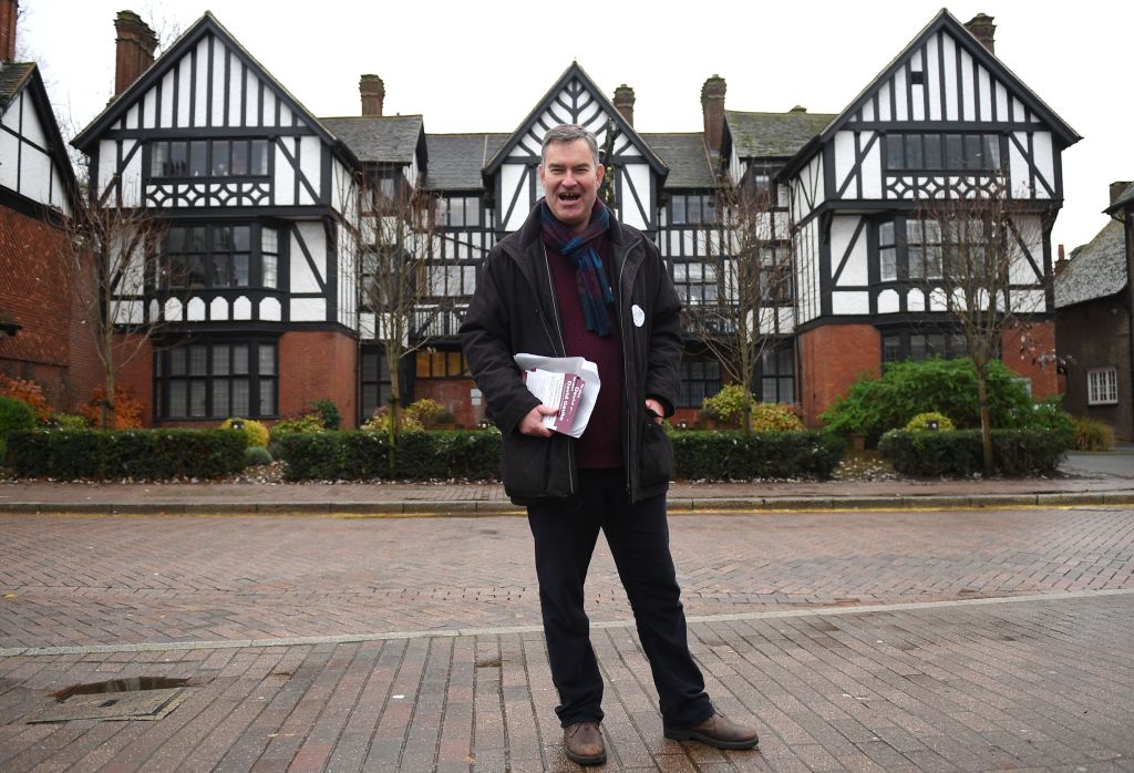 Former conservative MP, David Gauke, poses for a photograph as he canvasses for support to become an Independent MP in the constituency of South West Hertfordshire, in Tring, northwest of London, on November 26, 2019, ahead of the December 12 general election. - Only a few months ago, David Gauke was a Conservative minister. Now he's standing in Britain's upcoming election as an independent, hoping to deprive the party and its prime minister of victory. "With a majority, Boris Johnson would be able to proceed with a reckless course of action over Brexit," Gauke told AFP he handed out leaflets on a damp afternoon in Tring. (Photo by Daniel LEAL-OLIVAS / AFP) (Photo by DANIEL LEAL-OLIVAS/AFP via Getty Images)