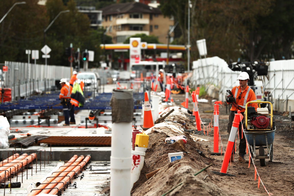 Construction workers on the site of the Sydney Light Rail network, a John Laing project