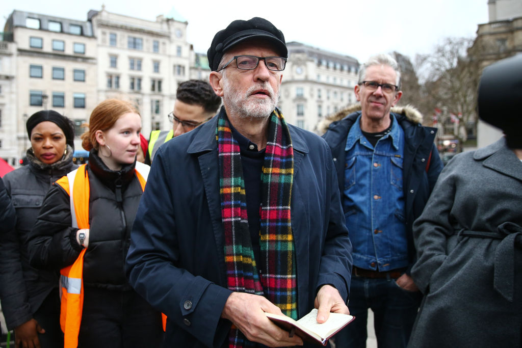 Jeremy Corbyn arrives at Trafalgar Sq to speak at a rally on January 11