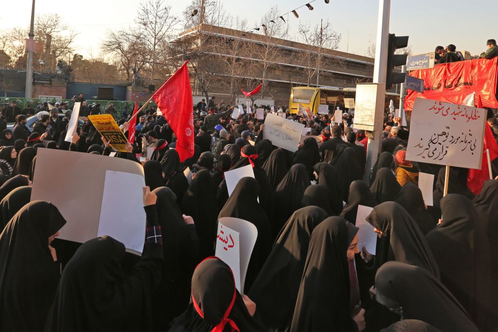 Iranian protesters outside the British embassy in Tehran on 12 January