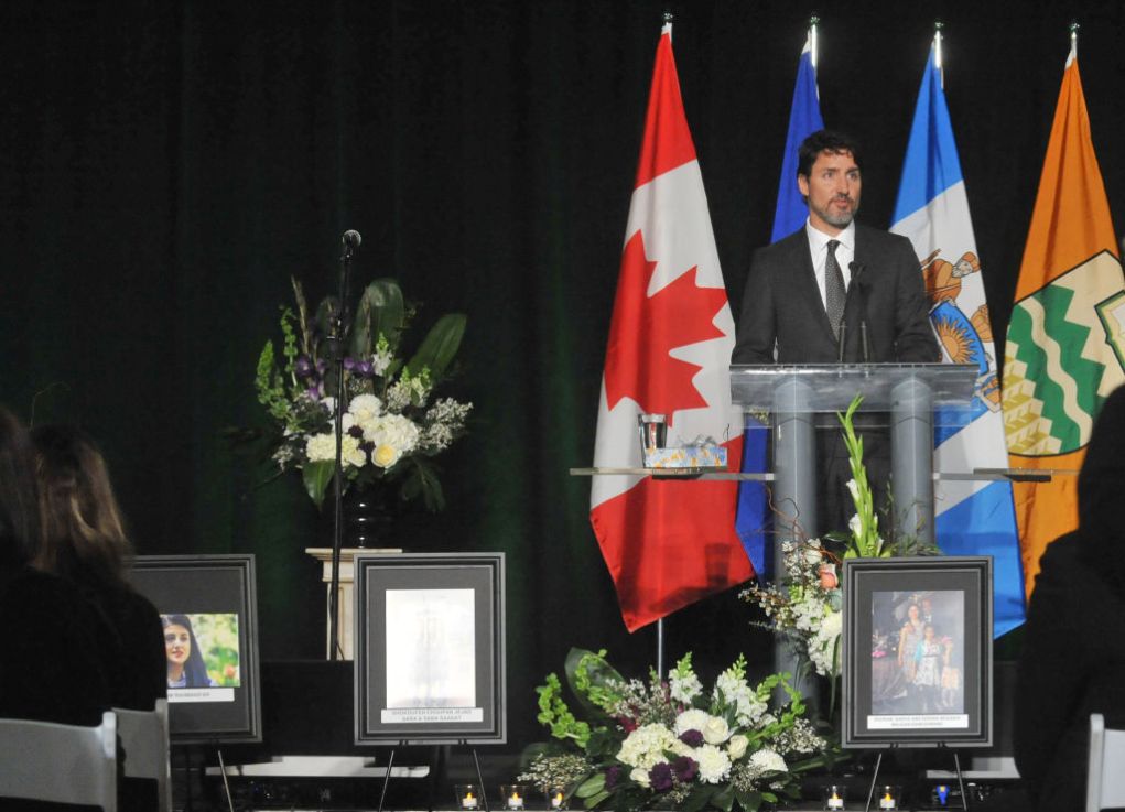 Canadian Prime Minister Justin Trudeau speaks at a memorial service for victims of last week's plane crash