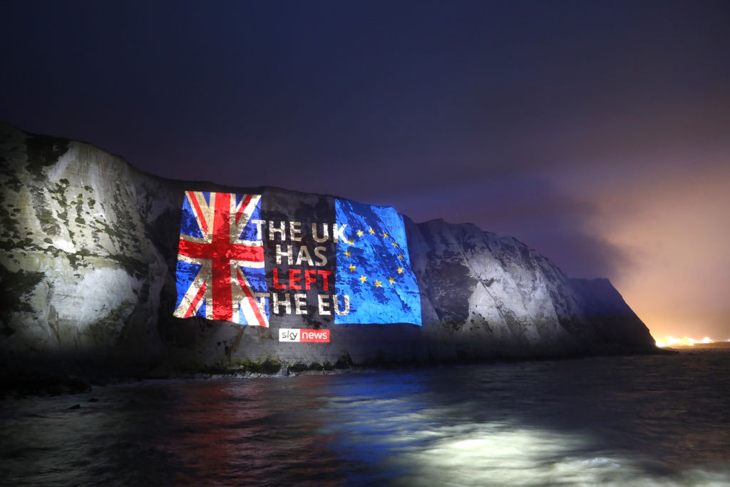 Sky News marks Brexit day by projecting a farewell message on the white cliffs of Dover