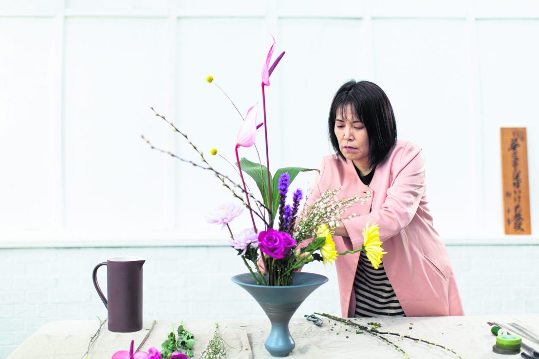 Professor Tomoko Sempo Yanagi leading an ikebana flower arranging class