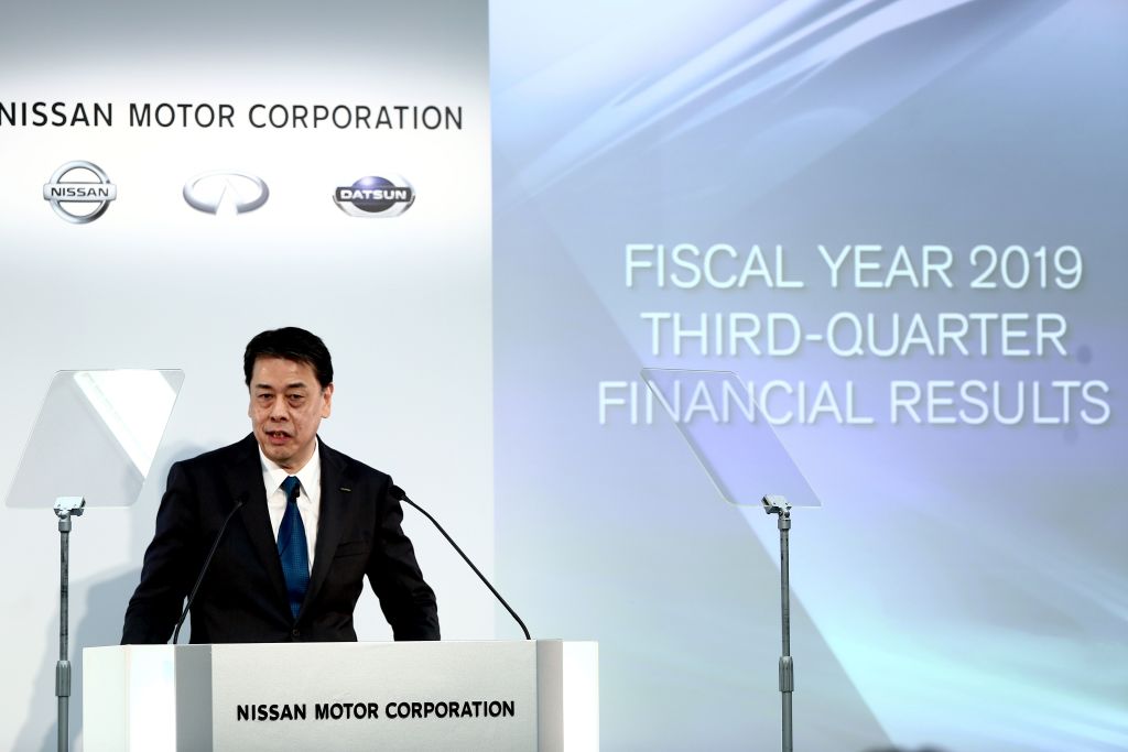 Nissan Motor president and CEO Makoto Uchida speaks during a press conference to announce the company's third quarter financial results at their headquarters in Yokohama on February 13, 2020. - Crisis-hit Japanese automaker Nissan said on February 23 its net profit plunged more than 87 percent for the nine months to December as it struggles with weak demand and fallout from the arrest of former boss Carlos Ghosn. (Photo by Behrouz MEHRI / AFP) (Photo by BEHROUZ MEHRI/AFP via Getty Images)