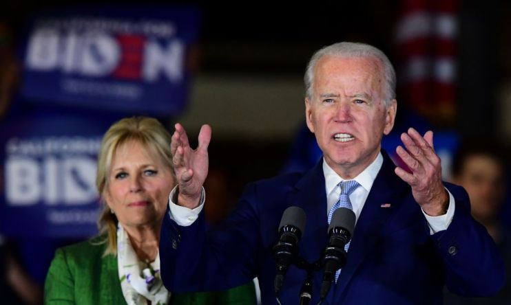 Super Tuesday:  Joe Biden, accompanied by his wife Jill Biden, speaks during a Democratic presidential election event in Los Angeles
