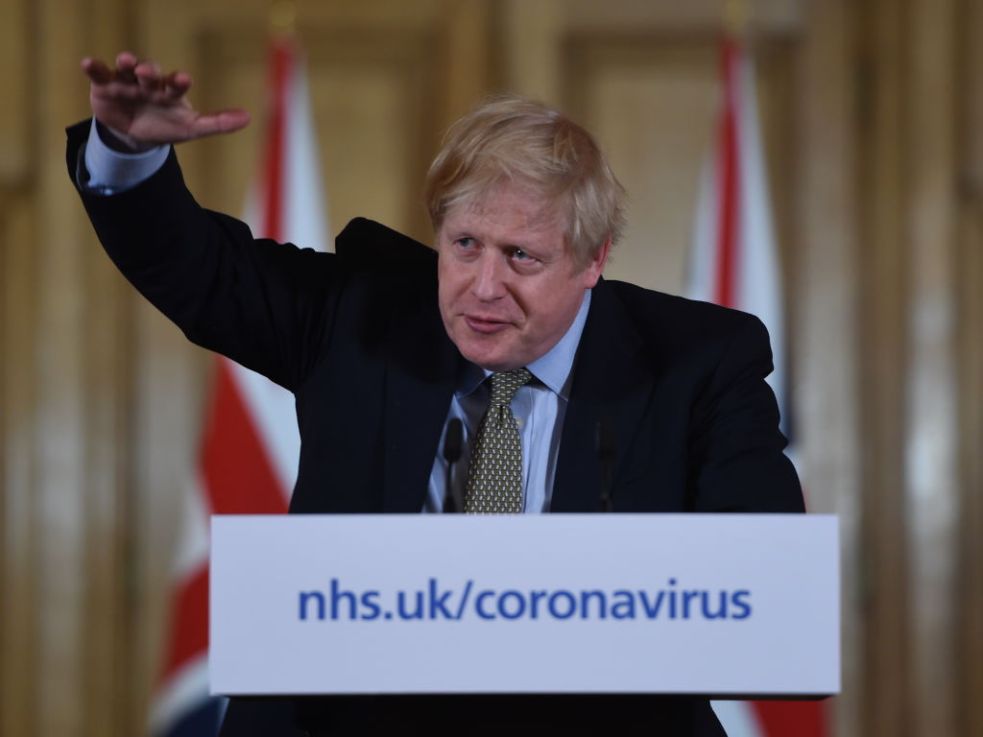 British Prime Minister Boris Johnson gestures as he gives a press conference about the ongoing situation with the coronavirus (COVID-19) outbreak