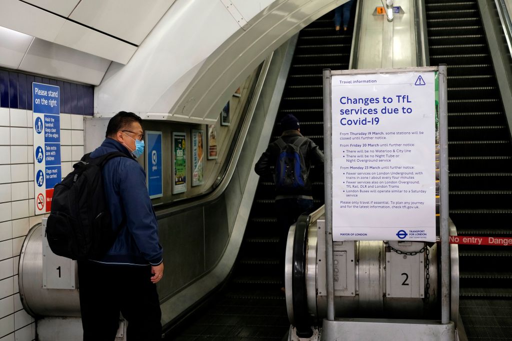 A sign informs passengers at Leicester Square Underground Station of changes to Transport For London (TFL)