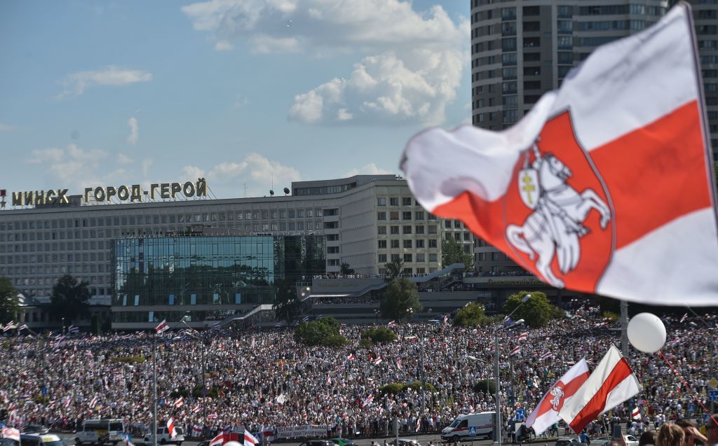 Belarus opposition supporters attends a rally in central Minsk on August 16, 2020. The Belarusian strongman leader, who has ruled his ex-Soviet country with an iron grip since 1994, is under increasing pressure from the streets and abroad over his claim to have won re-election on 9 August 9 with 80 percent of the vote