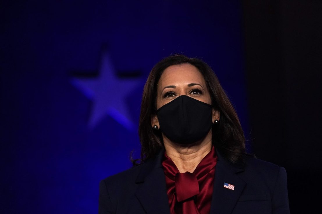 Vice presidential nominee Kamala Harris is shown on stage during democratic presidential nominee Joe Biden address to the nation (Photo by Drew Angerer/Getty Images)