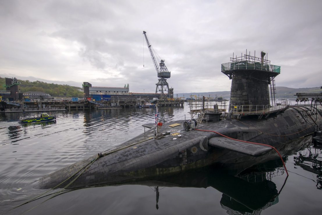 Vanguard-class submarine HMS Vigilant, one of the UK's four nuclear warhead-carrying submarines at HM Naval Base Clyde, Faslane.