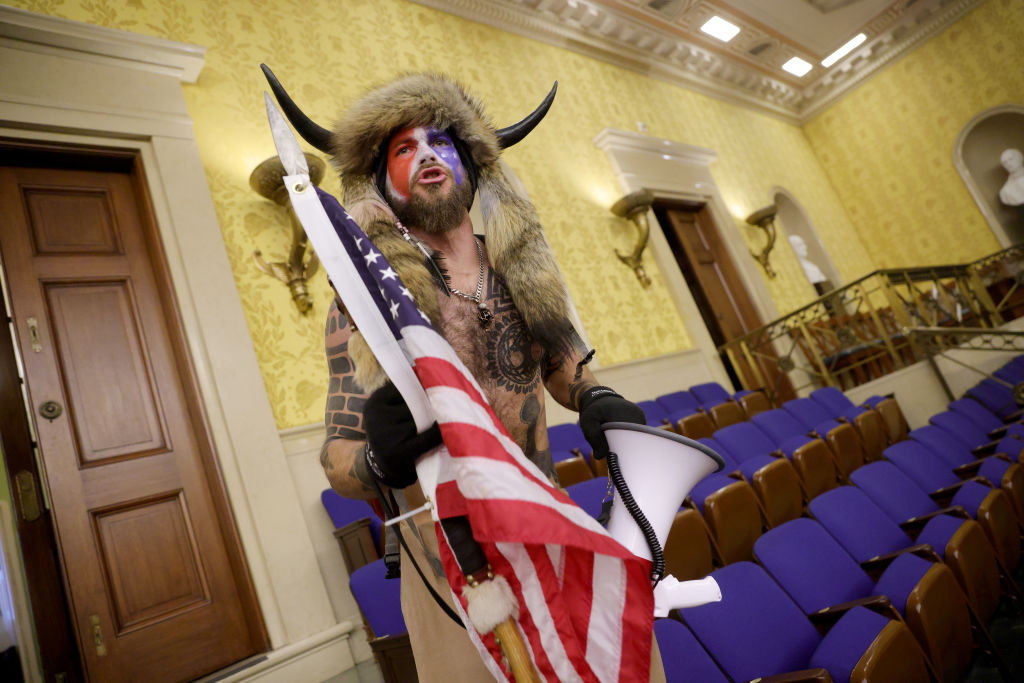 A protester yells inside the Senate Chamber. (Photo by Win McNamee/Getty Images)