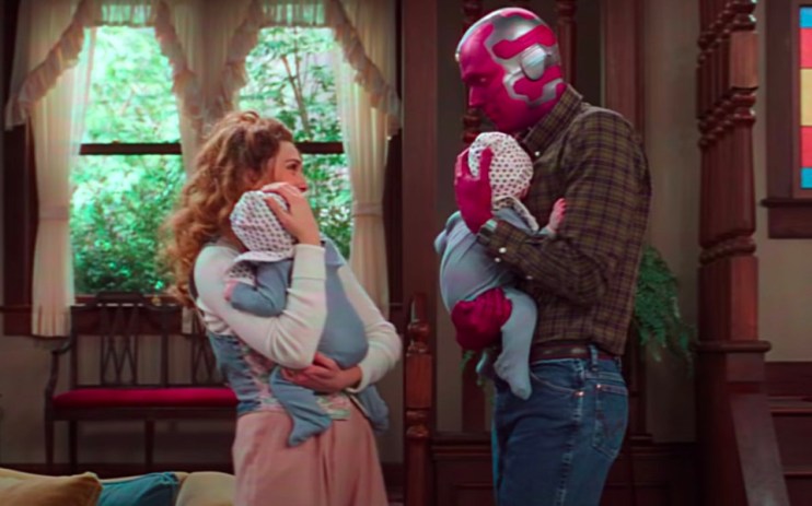 WandaVision's Wanda Maximoff/Scarlet Witch (Elizabeth Olsen) and computer-based hero Vision (Paul Bettany)