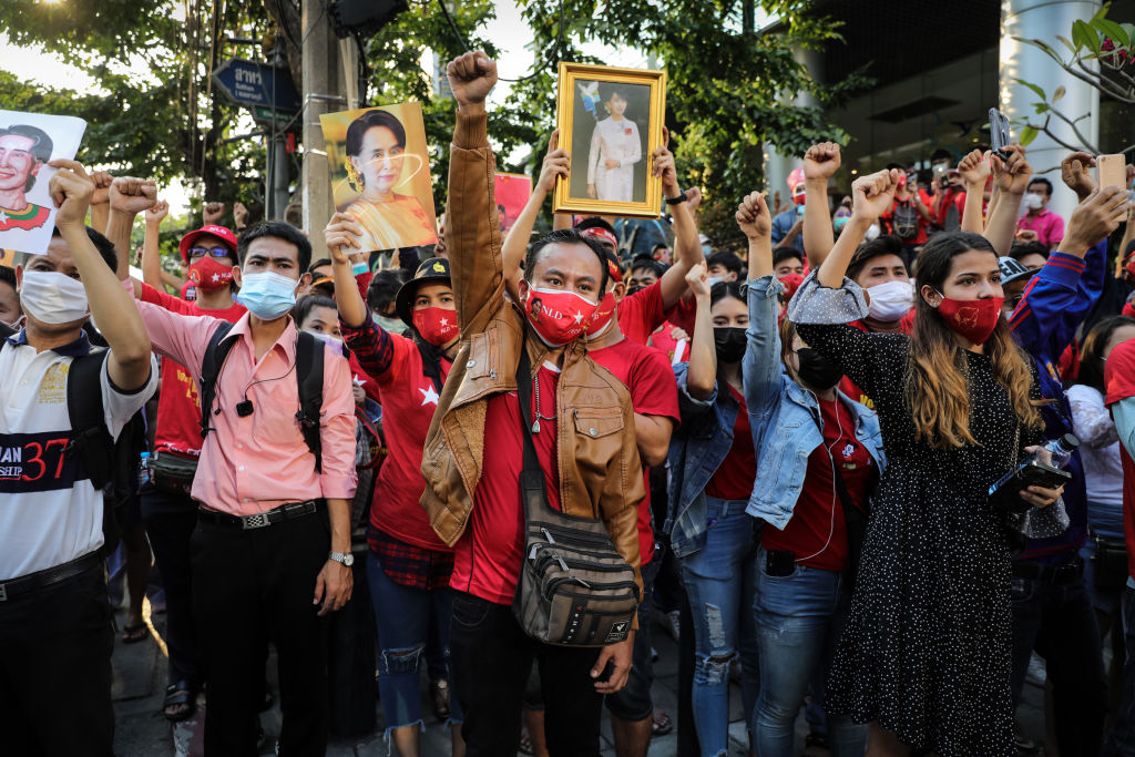 Protest At Myanmar Embassy In Bangkok After Coup