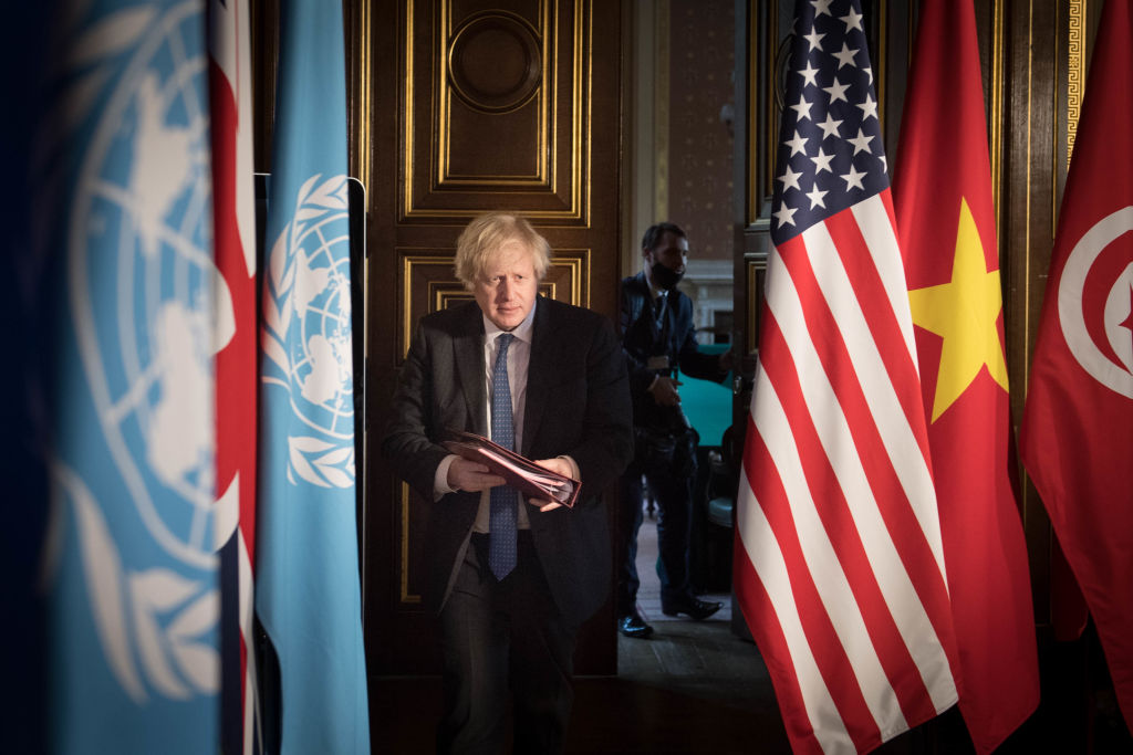 LONDON, ENGLAND - FEBRUARY 23: Prime Minister Boris Johnson chairs a session of the UN Security Council on climate and security at the Foreign, Commonwealth and Development Office on February 23, 2021 in London, England. (Photo by Stefan Rousseau - WPA Pool/Getty Images)