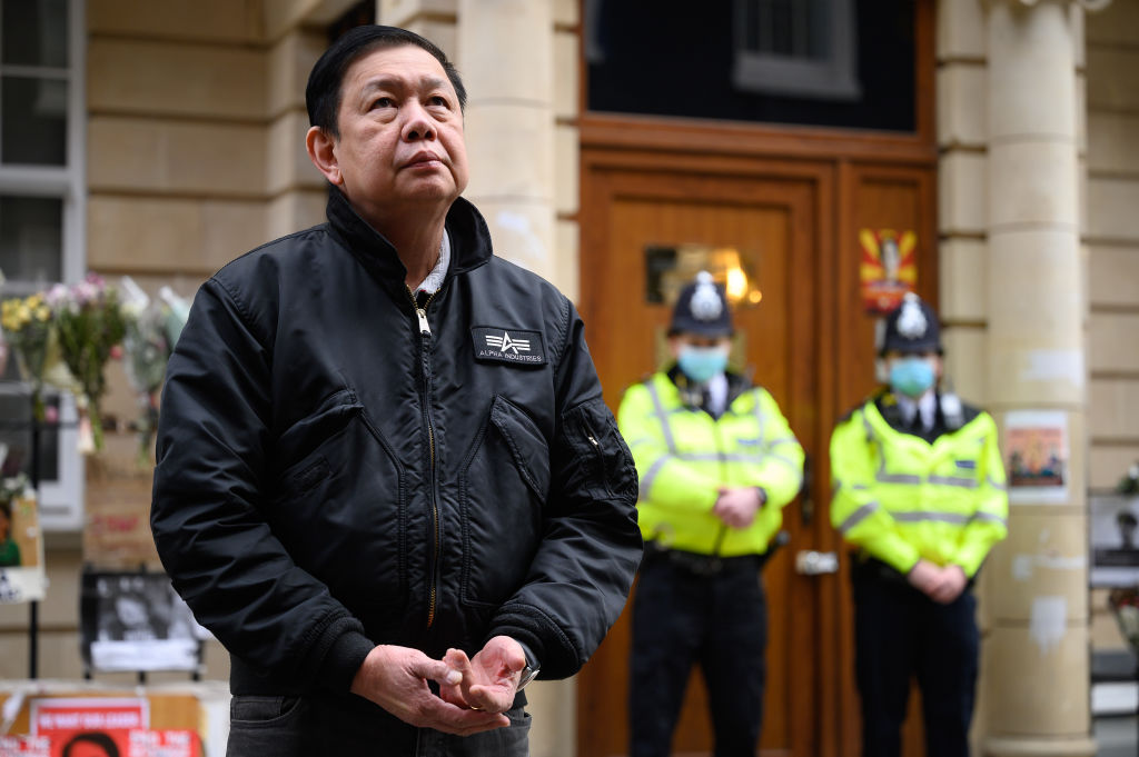 Kyaw Zwar Minn slept outside the Myanmar embassy in London overnight after it was seized by allies of the country's new military regime. (Photo by Leon Neal/Getty Images)