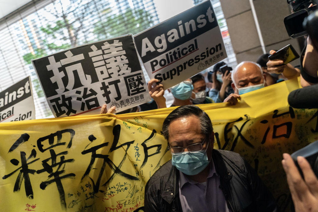 Seven prominent democratic figures, including Apple Daily founder Jimmy Lai, former lawmaker and barrister Martin Lee and Margaret Ng, were convicted of unauthorized assembly in relation to a peaceful protest on August 18, 2019. (Photo by Anthony Kwan/Getty Images)