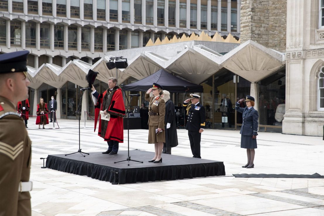 The Rt Hon The Lord Mayor of the City of London and Major General Celia Harvey take the salute in Guildhall Yard, Army Forces Flag Day, Guildhall, City of London, United Kingdom, 24th June 2021