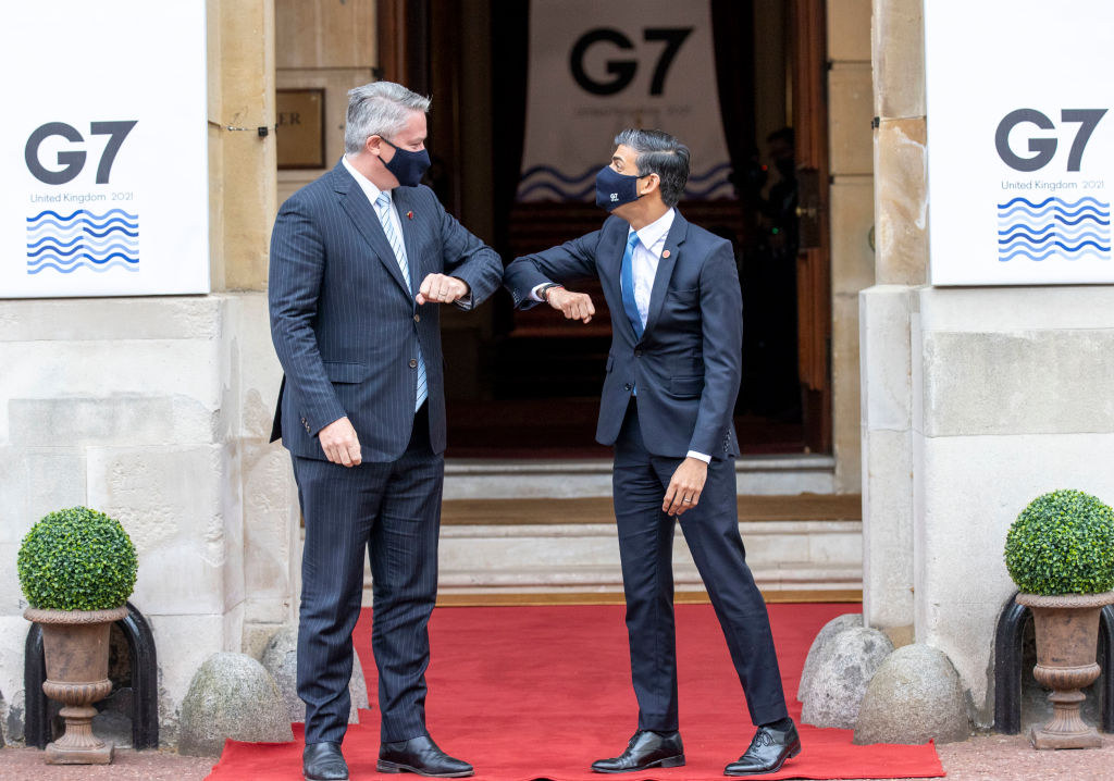 LONDON, ENGLAND - JUNE 04: Chancellor of the Exchequer Rishi Sunak welcomes secretary-general of the Organization for Economic Cooperation and Development (OECD) Mathias Cormann to the G7 finance ministers meeting on June 4, 2021 in London, England. (Photo by Steve Reigate - WPA Pool/Getty Images)