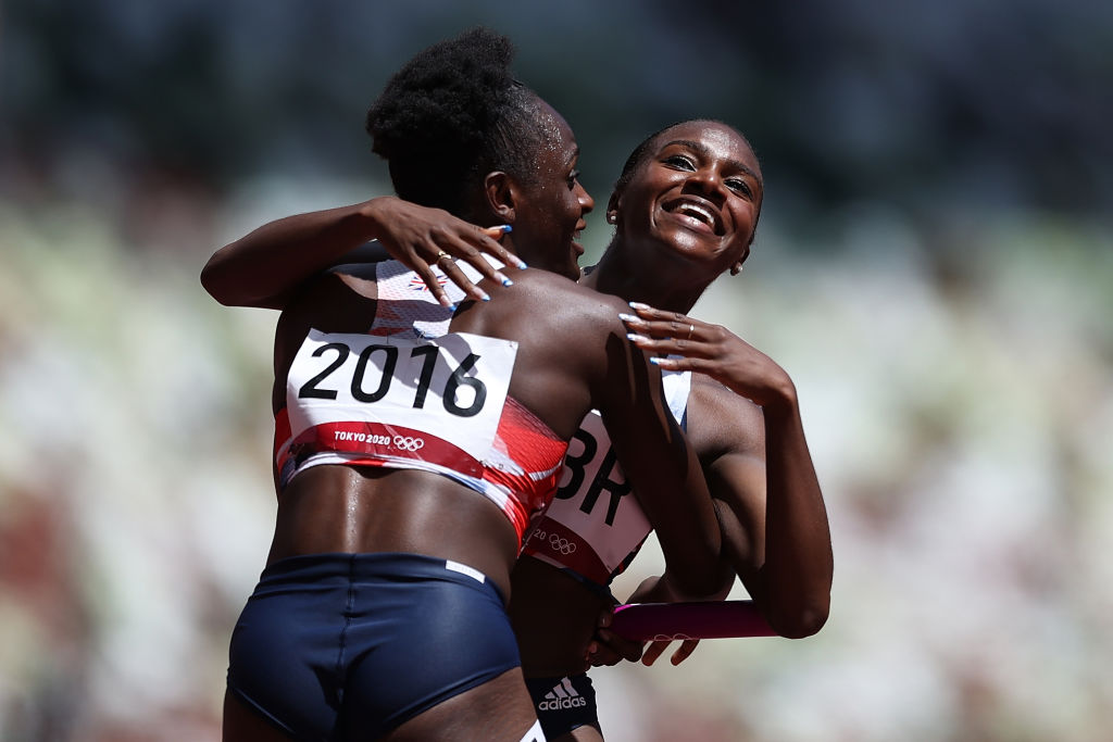 Dina Asher-Smith (right) helped Team GB reach the final of the women's 4x100m relay at the Tokyo 2020 Olympics