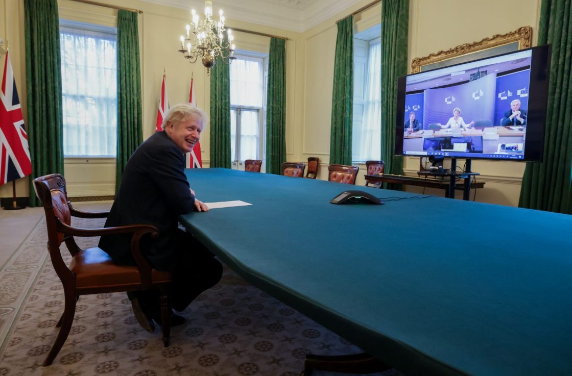 Boris Johnson speaks to President of the European Commission Ursula von der Leyen via video link from the Cabinet room.