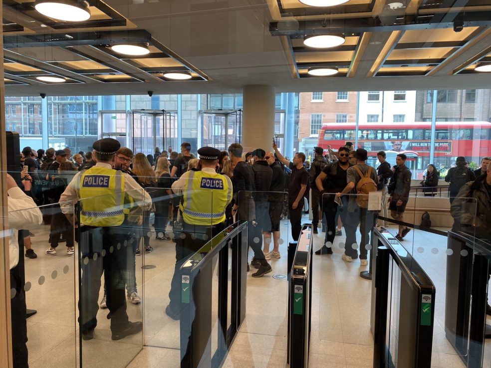 Anti-vax protesters stormed the reception of ITN's London headquarters (Image: Twitter/@danriversitv)