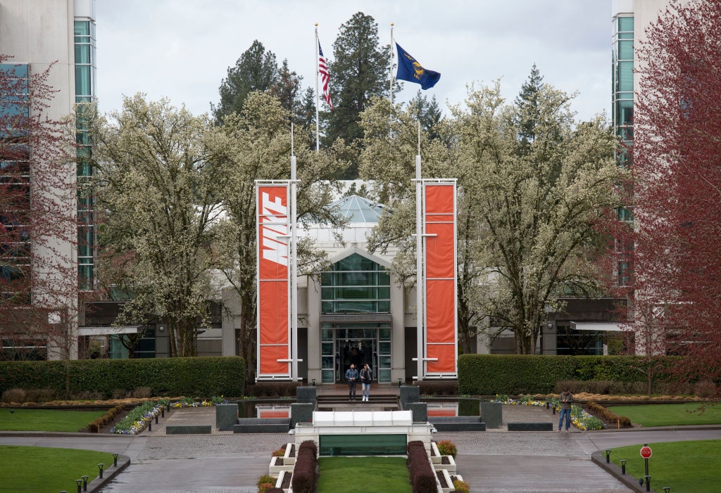 BEAVERTON, OREGON: The main entrance of the Nike headquarters is seen in Beaverton, Oregon. (Photo by Natalie Behring/Getty Images)