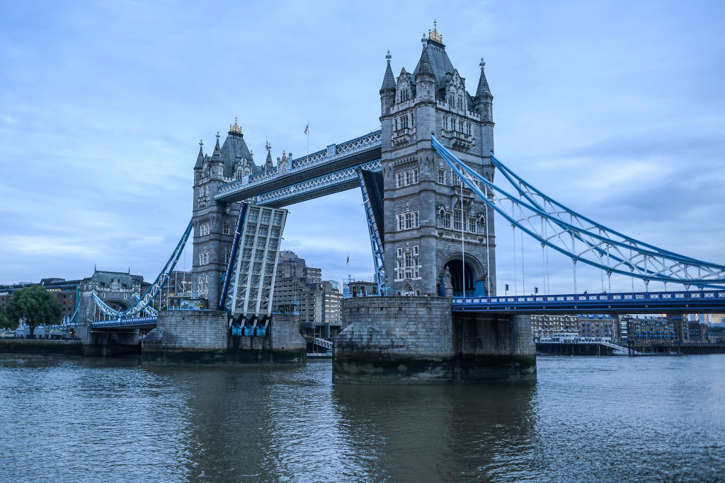 LONDON, ENGLAND - AUGUST 09: Tower Bridge is seen stuck in the raised position on August 9, 2021 in London, England. Tower Bridge, London's 127-year-old iconic landmark, became stuck open after a technical failure, causing major traffic issues in the capital. (Photo by Peter Summers/Getty Images)