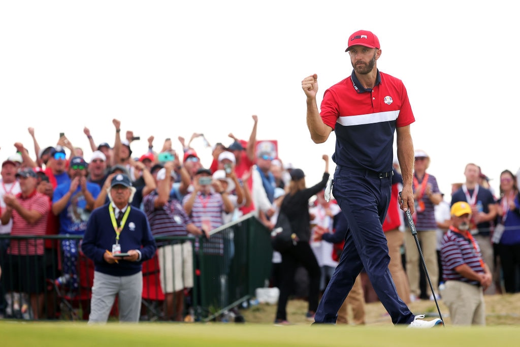Dustin Johnson scored a perfect five points as the USA beat Europe by a record margin in the Ryder Cup