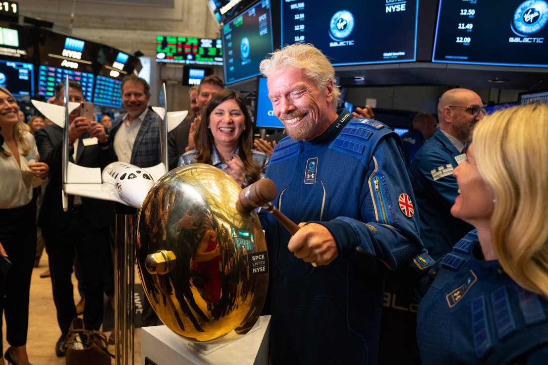 Richard Branson celebrates the first Virgin Galactic trade on the New York Stock Exchange (Virgin)