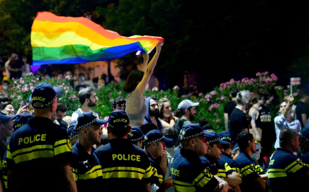 Thousands rallied in the Georgian capital Tbilisi in July to denounce attacks targeting  LGBTQ community and journalists that shocked the nation and forced activists to cancel a Pride march. (Photo by Vano Shlamov / AFP) (Photo by VANO SHLAMOV/AFP via Getty Images)