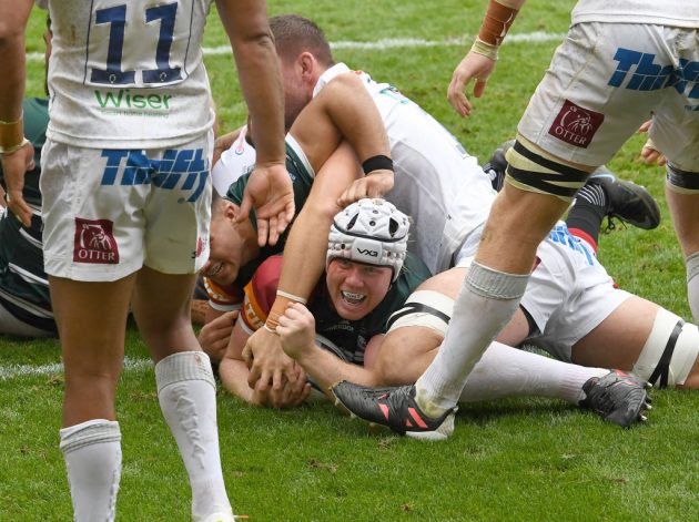 Leicester's Nic Dolly crosses for one of his two tries as the resurgent Tigers toppled Exeter Chiefs 34-19.