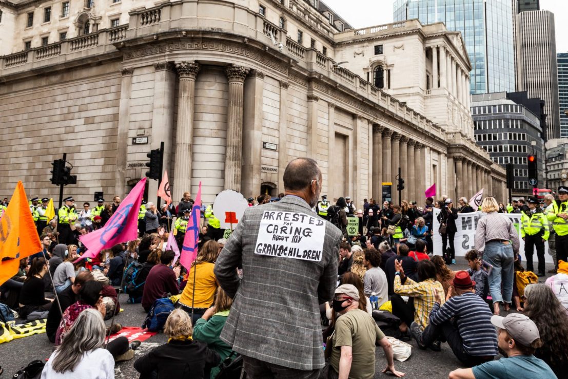 Extinction Rebellion protestors block roads outside the Bank of England. 50 protestors broke bail conditions to take part in the mass act of civil disobedience.