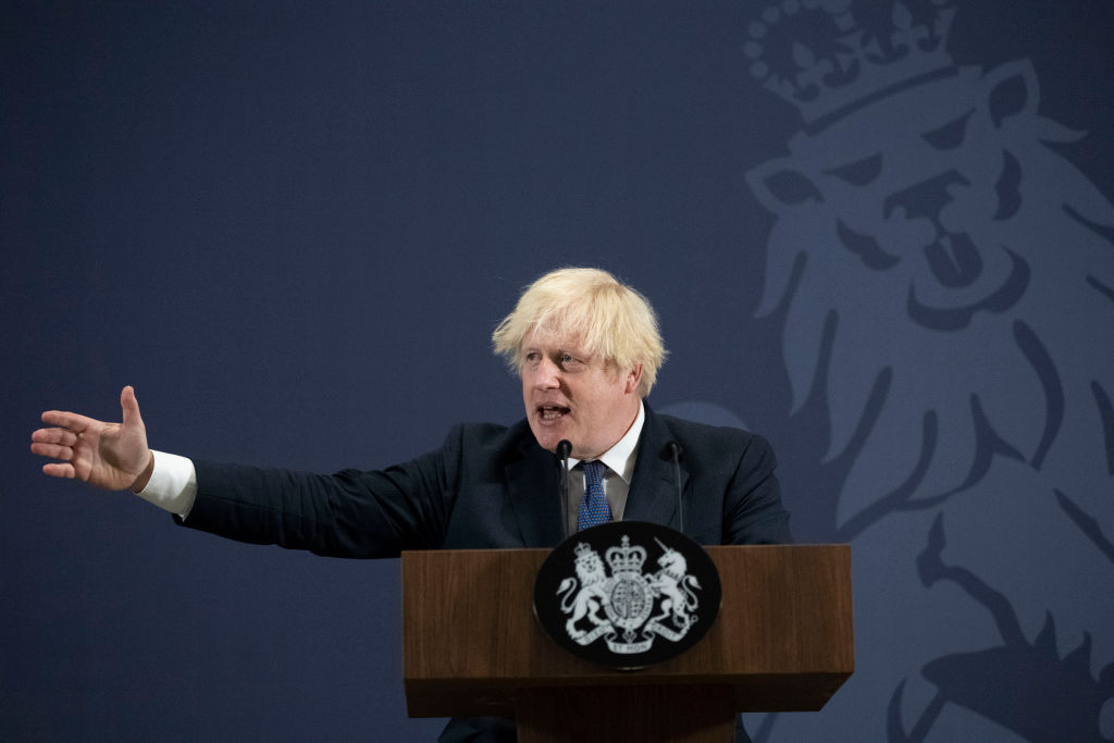 Prime Minister Boris Johnson delivers a speech on 'levelling up the country' as he visits the UK Battery Industrialisation Centre, on July 15, 2021 in Coventry, England. (Photo by David Rose - WPA Pool/Getty Images)