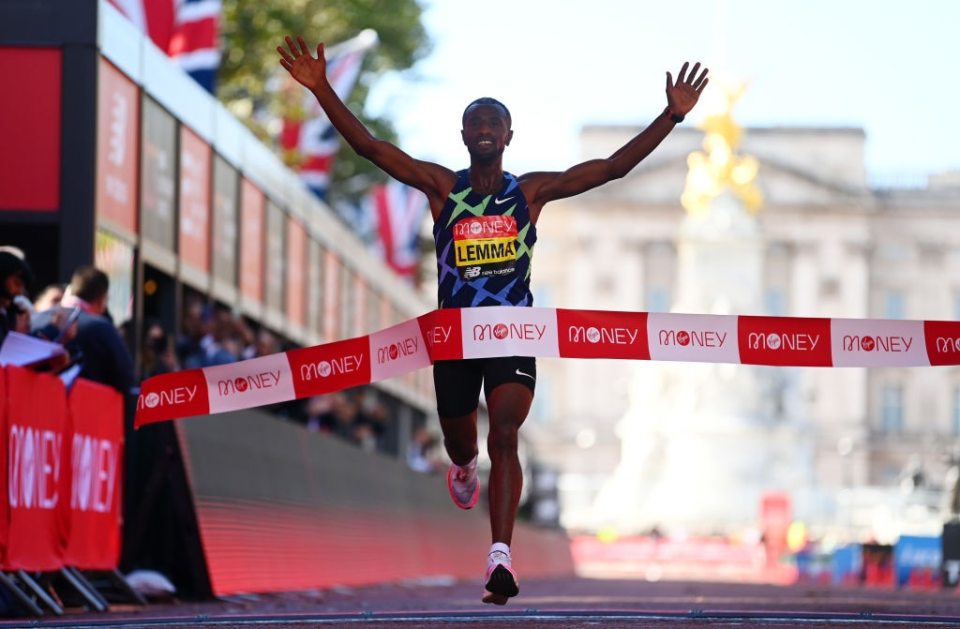 Sisay Lemma of Ethiopia celebrates winning the London Marathon for the first time