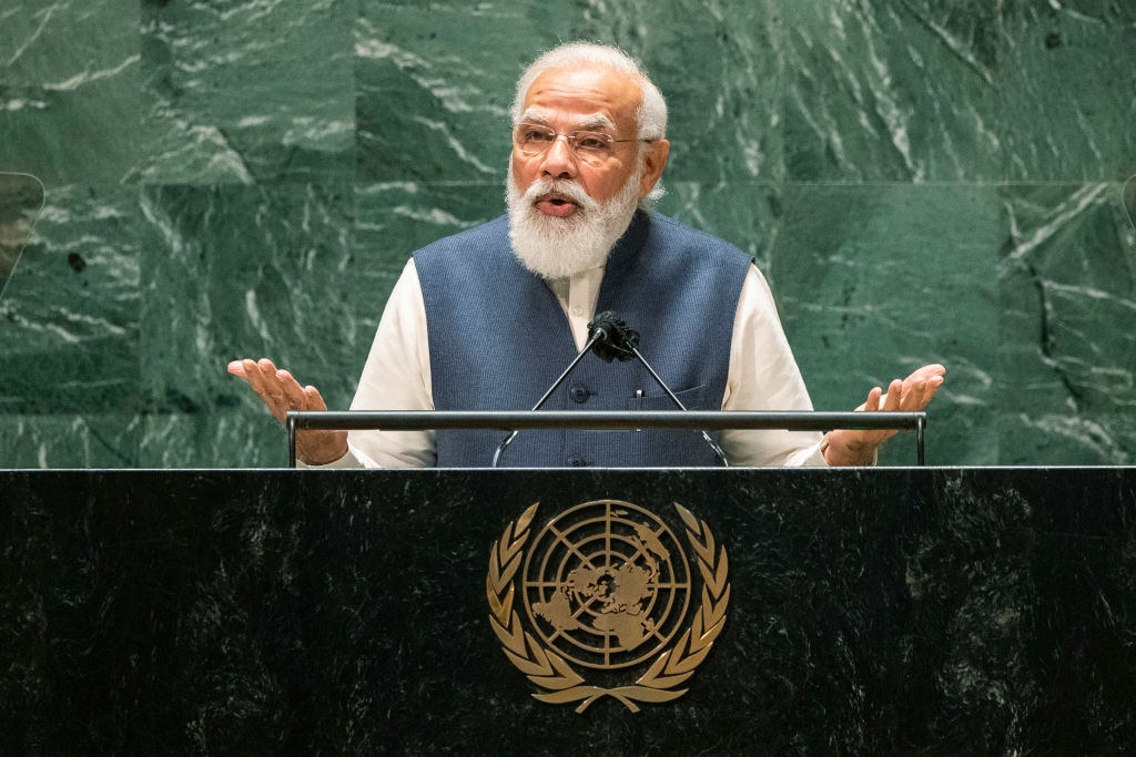 NEW YORK, NEW YORK - SEPTEMBER 25: Prime Minister of India Narendra Modi addresses the 76th Session of the U.N. General Assembly at U.N. headquarters on September 25, 2021 in New York City. More than 100 heads of state or government are attending the session in person, although the size of delegations are smaller due to the Covid-19 pandemic. (Photo by Eduardo Munoz - Pool/Getty Images)