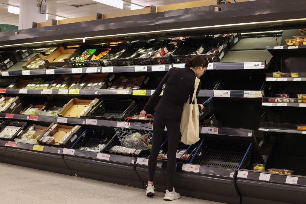 Empty shelves at a Sainsbury's supermarket in London, United Kingdom. The UK is facing supply chain disruptions. (Photo by Hollie Adams/Getty Images)