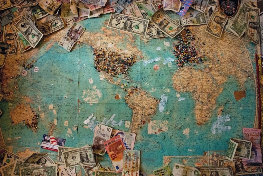 Money printing around global map