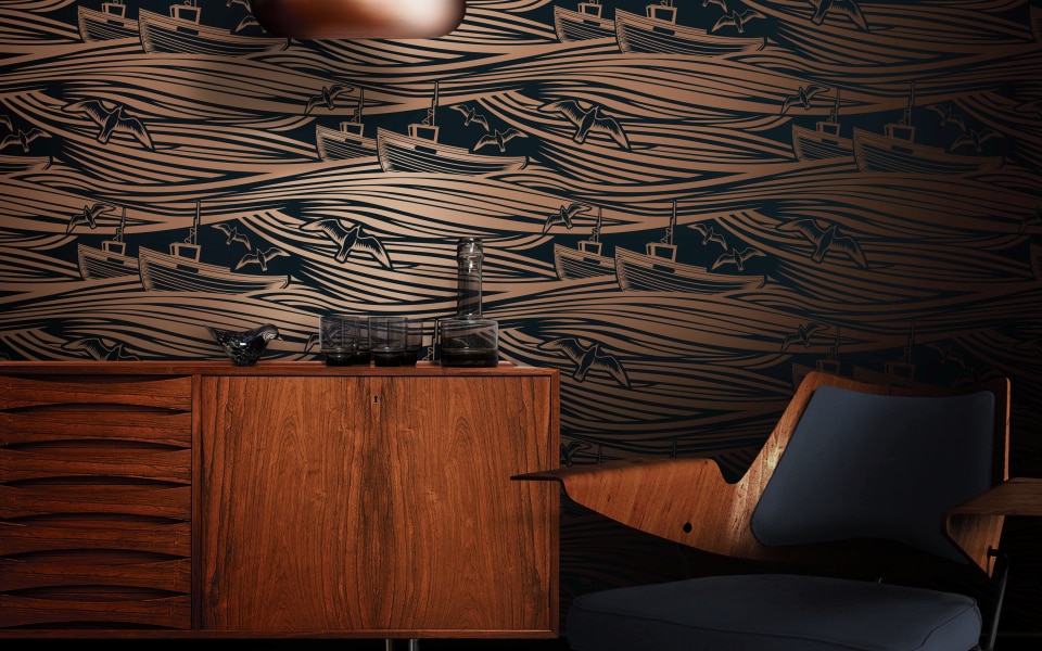Mini Moderns' Whitby print wallpaper in Midnight and Copper