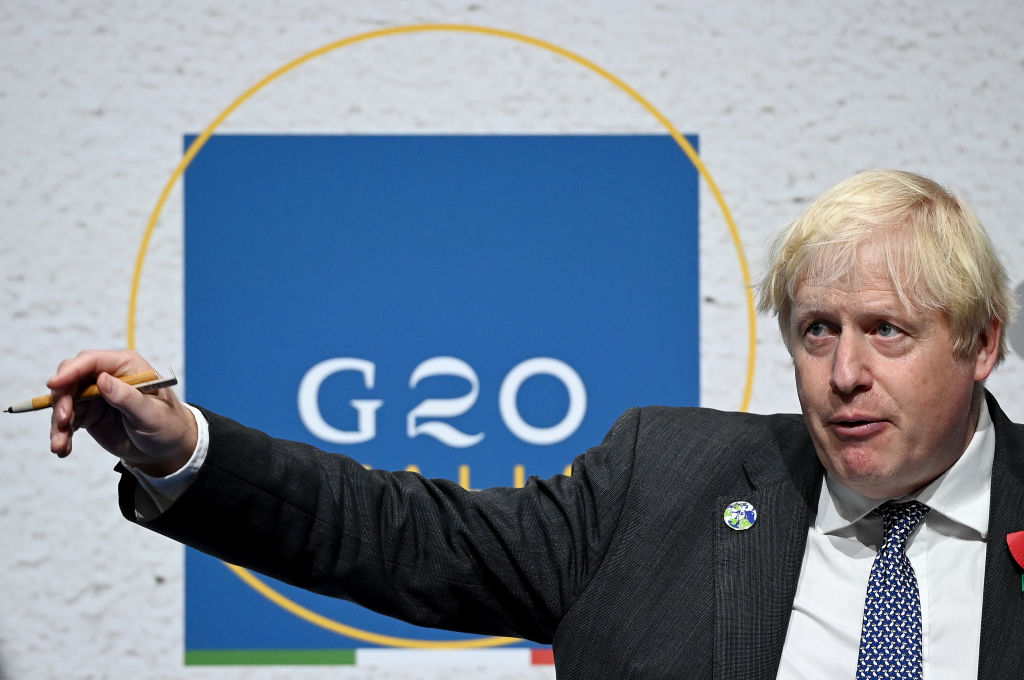 ROME, ITALY - OCTOBER 31: British Prime Minister Boris Johnson, holds a press conference at the end of the G20 summit on October 31, 2021 in Rome, Italy. The G20 (or Group of Twenty) is an intergovernmental forum comprising 19 countries plus the European Union.  It was founded in 1999 in response to several world economic crises. Italy currently holds the Presidency of the G20 and this year's summit will focus on three broad, interconnected pillars of action: People, Planet, Prosperity.  (Photo by Jeff J Mitchell/Getty Images)