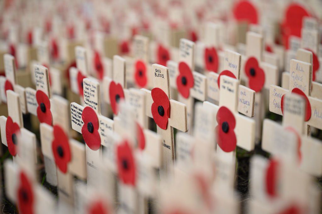 LONDON, ENGLAND - NOVEMBER 11: Crosses with poppies featuring the names of fallen soldiers and messages of support are seen in the Field of Remembrance at Westminster Abbey on November 11, 2021 in London, England. (Photo by Leon Neal/Getty Images)
