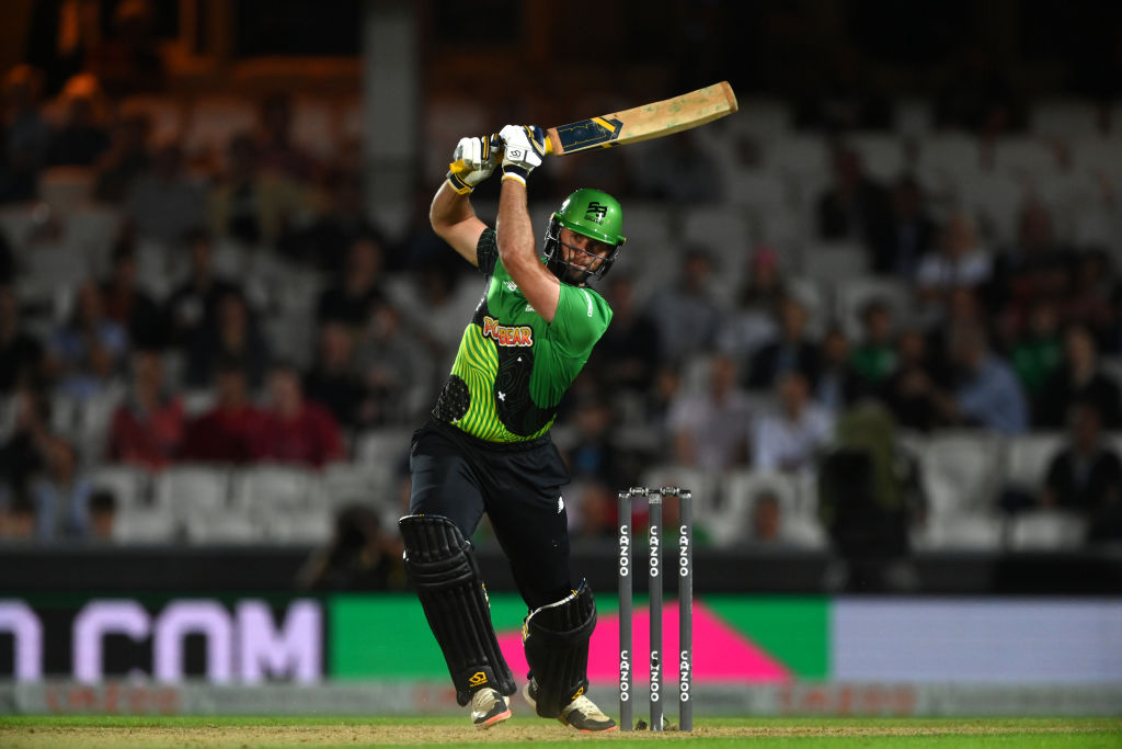 LONDON, ENGLAND - AUGUST 20: Brave batter Ross Whiteley hits out during the Eliminator match of The Hundred between Southern Brave Men and Trent Rockets Men at The Kia Oval on August 20, 2021 in London, England. (Photo by Stu Forster/Getty Images)
