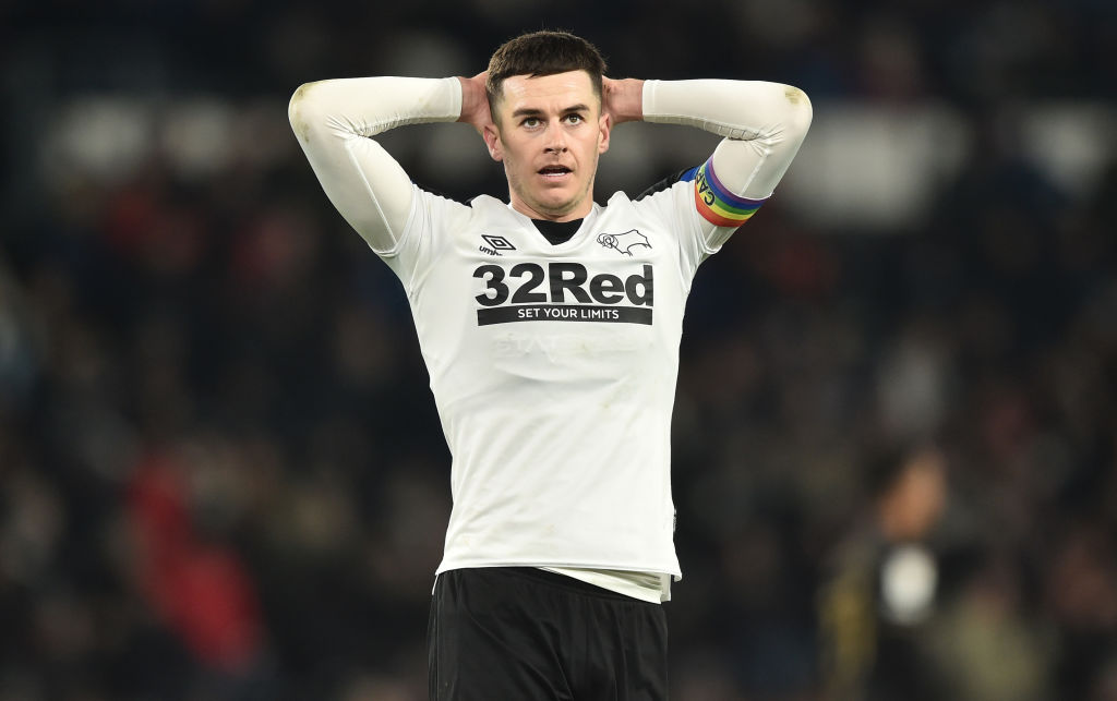 DERBY, ENGLAND - NOVEMBER 29: Tom Lawrence of Derby County reacts during the Sky Bet Championship match between Derby County and Queens Park Rangers at Pride Park Stadium on November 29, 2021 in Derby, England. (Photo by Nathan Stirk/Getty Images)