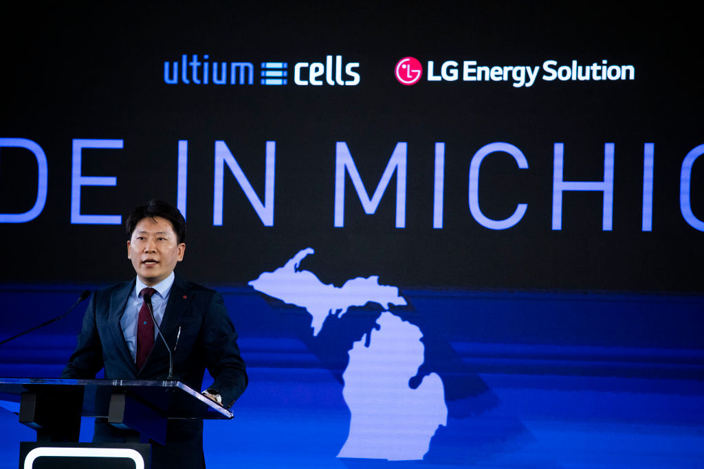 LANSING, MI - JANUARY 25: Dong Myung Kim, LG Energy Solution Head of Advanced Automotive Battery Division, speaks at an event where General Motors CEO Mary Barra announced that GM is making a $7 billion investment, the largest in the companys history, in electric vehicle and battery production in Michigan on January 25, 2022 in Lansing, Michigan. The investment will be used at 4 facilities in Michigan and will create 4,000 jobs. (Photo by Bill Pugliano/Getty Images)