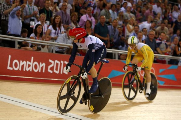 LONDON, ENGLAND - AUGUST 07:  Anna Meares (R) of Australia and Victoria Pendleton of Great Britain in action during the Women's Sprint Track Cycling Final on Day 11 of the London 2012 Olympic Games at Velodrome on August 7, 2012 in London, England.  (Photo by Phil Walter/Getty Images)